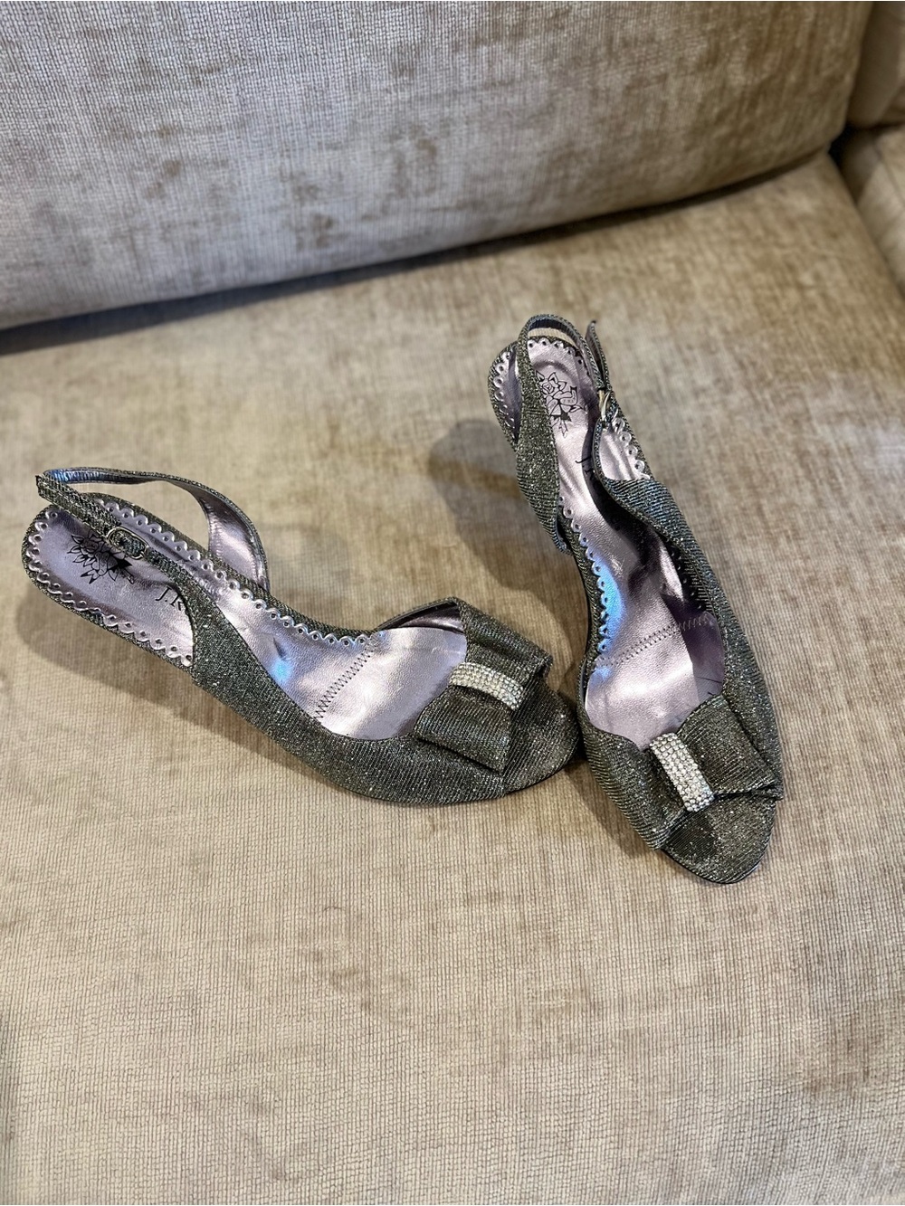 J.Renee Silver Glitter Slingback Peep-Toe Heels with Bow Accent